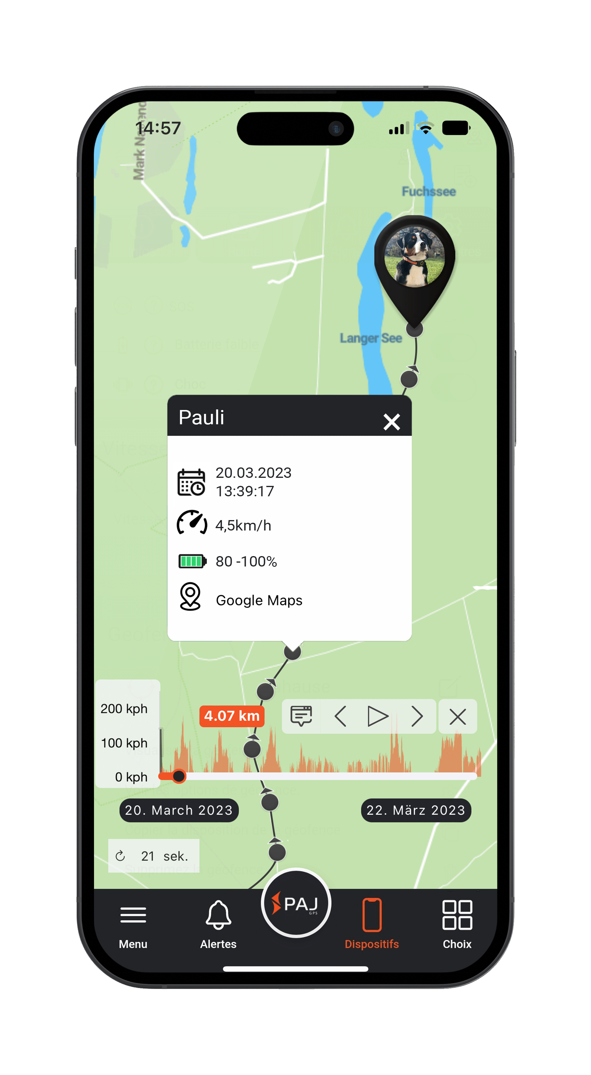 Localizzatore GPS paer cani con dati di percorso
