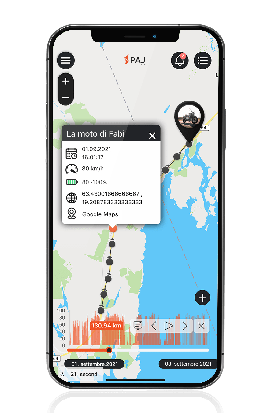 Mockup-Localizzatore GPS per moto con dati di percorso PAJ-VEHICLE Finder-4G-2.0