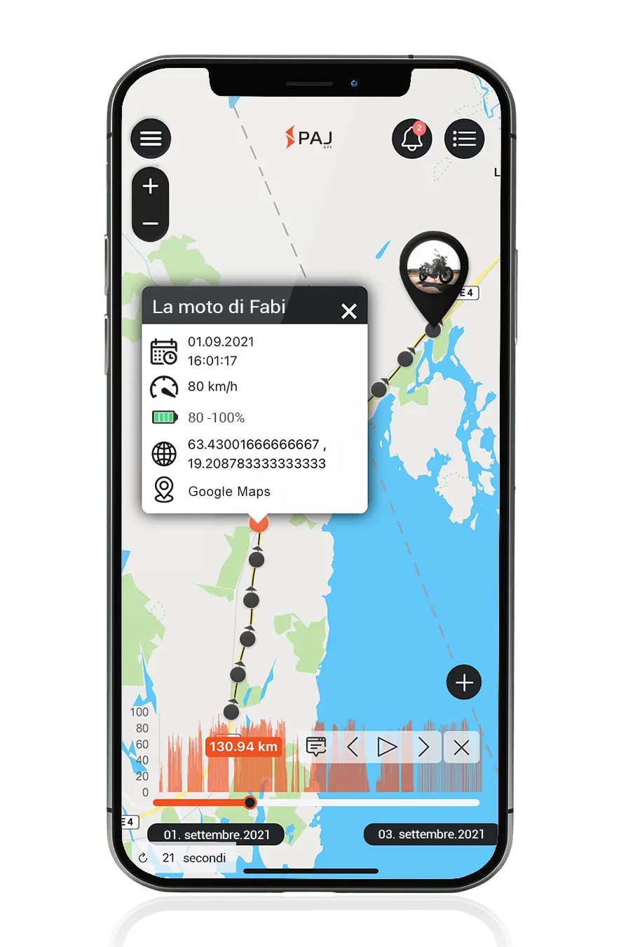 Mockup-Localizzatore GPS per moto con dati di percorso PAJ-VEHICLE Finder-4G-2.0