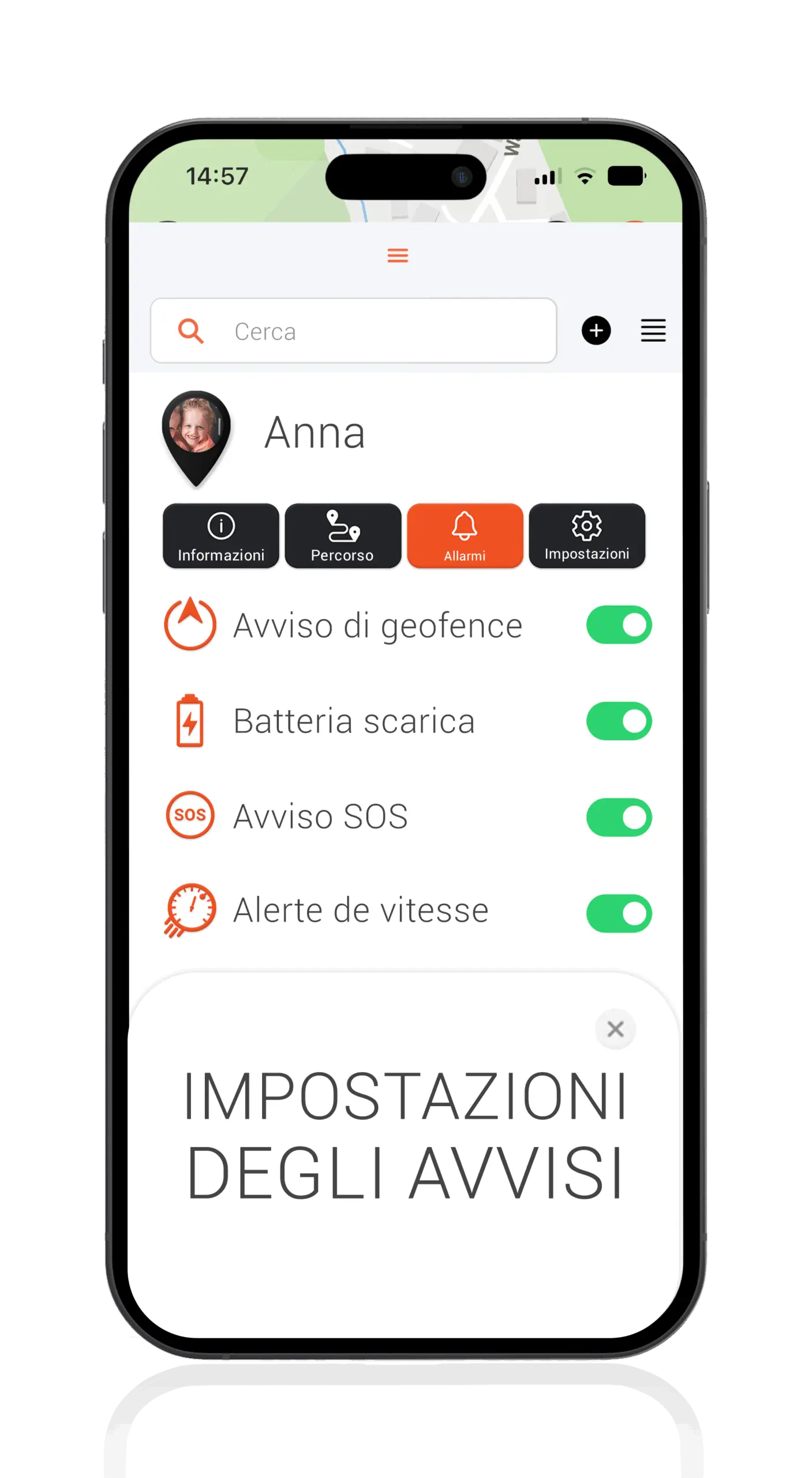Mockup Localizzatori GPS per bambini con impostazioni di allarme