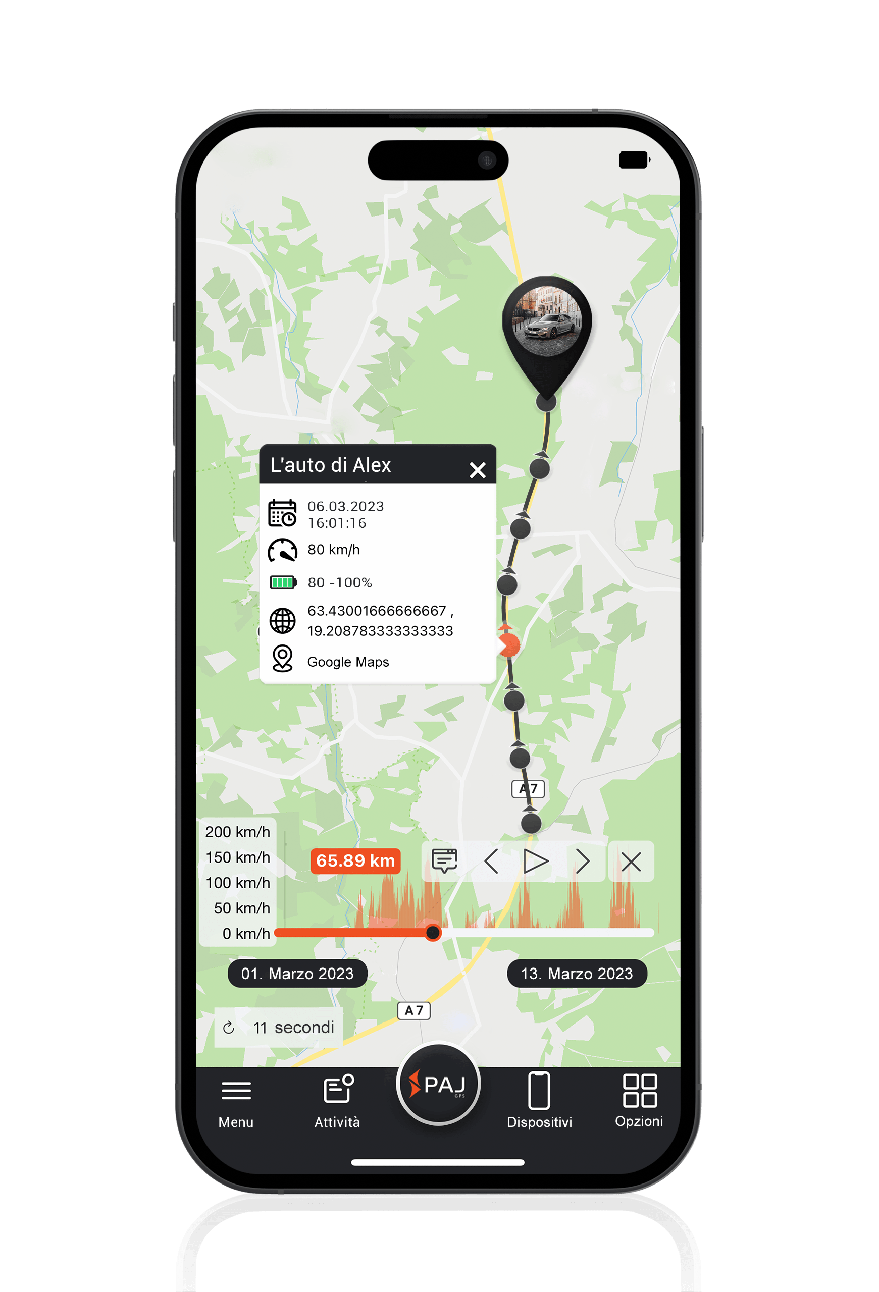 Mockup localizzatore GPS per auto con dati sul percorso