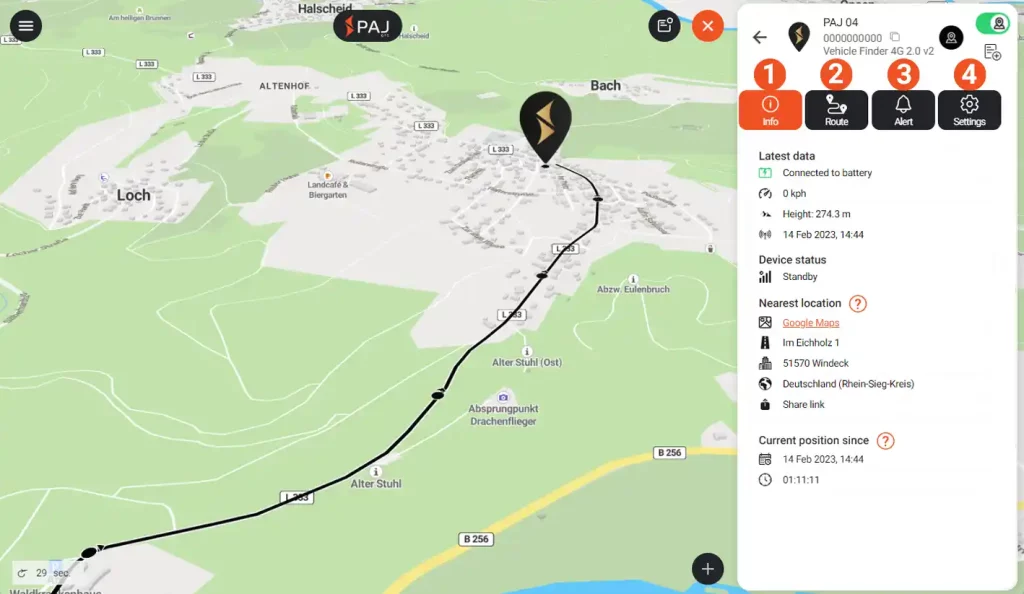 Portale FINDER: schermata info su percorso del GPS VEHICLE Finder 4G