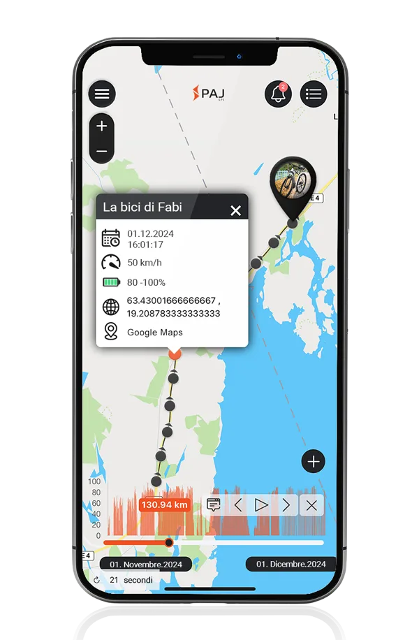 Memoria percorso bici GPS PAJ da applicazione su smartphone
