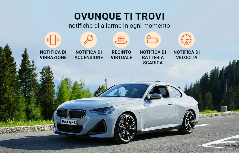 allarmi GPS PAJ: ACCENSIONE, VIBRAZIONE, RECINTO VIRTUALE, VELOCITà, BATTERIA