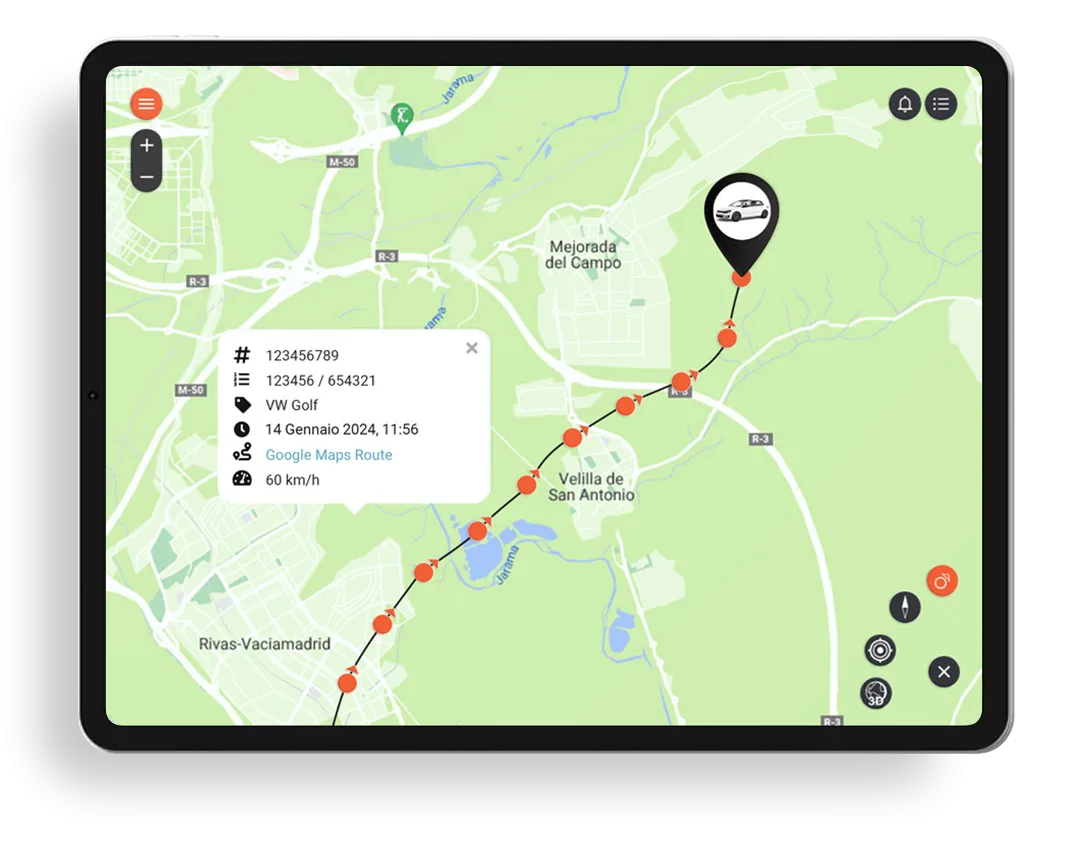 schermata monitoraggio GPS auto da portale su tablet