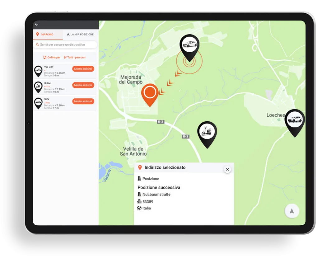 schermata monitoraggio spostamenti veicoli con GPS per flotte da portale PAJ su tablet