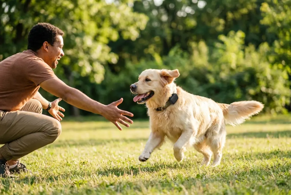 Cane che corre verso padrone dopo richiamo