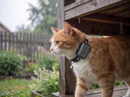 Gatto bianco e arancione protetto dal localizzatore GPS per gatti PAJ