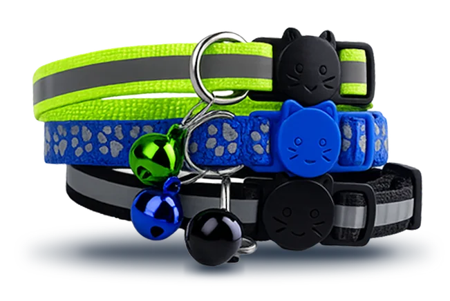 3 collari per gatti, blu, nero, giallo